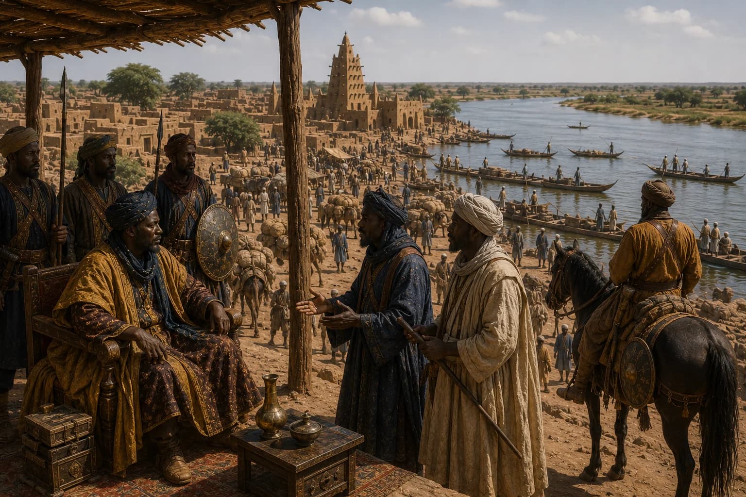 Malian rulers and officials look over Timbuktu and Niger River commerce after Mansa Musa.