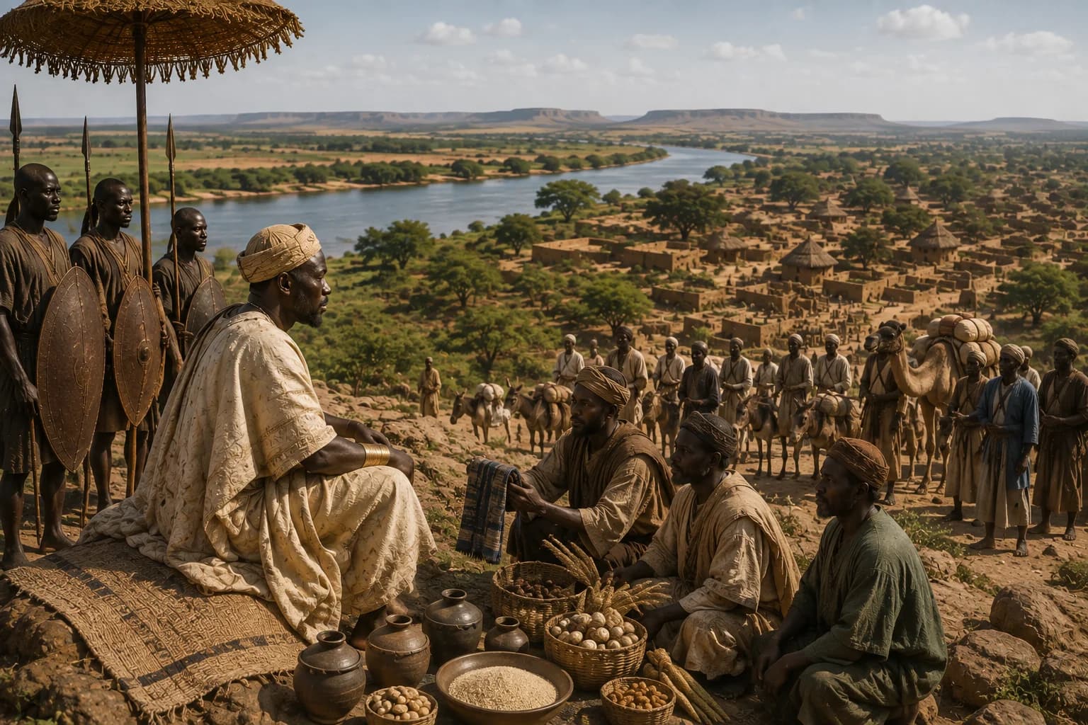 Mali expands across river towns and trade routes in the western Sudan.