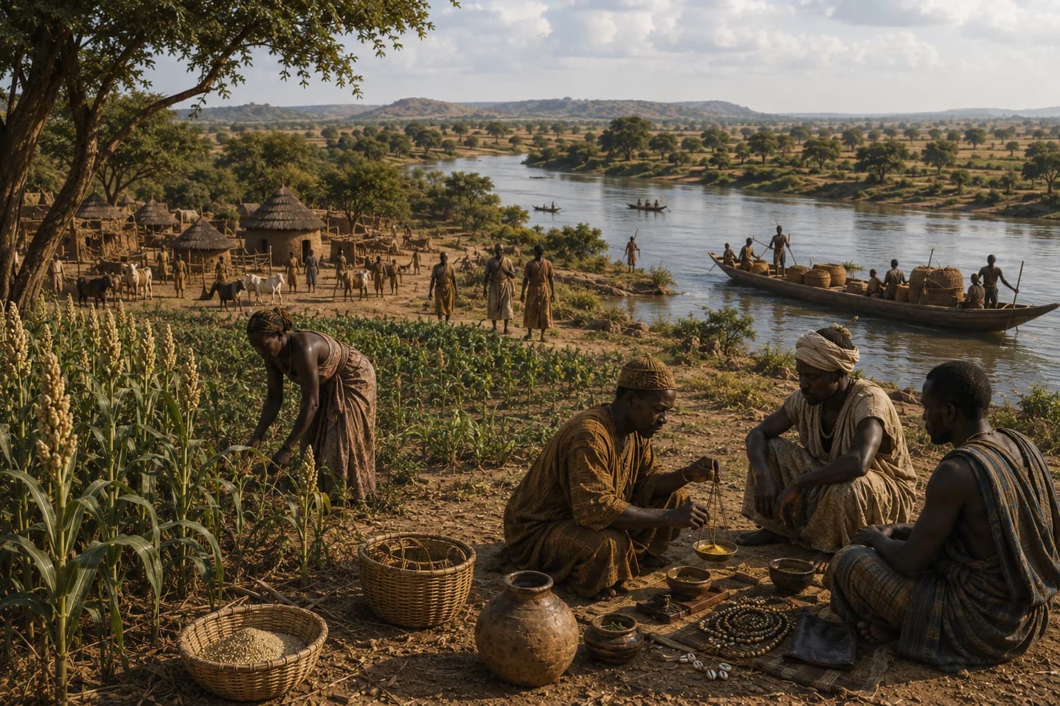 Mande communities farm and trade beside the Upper Niger before the rise of the Mali Empire.