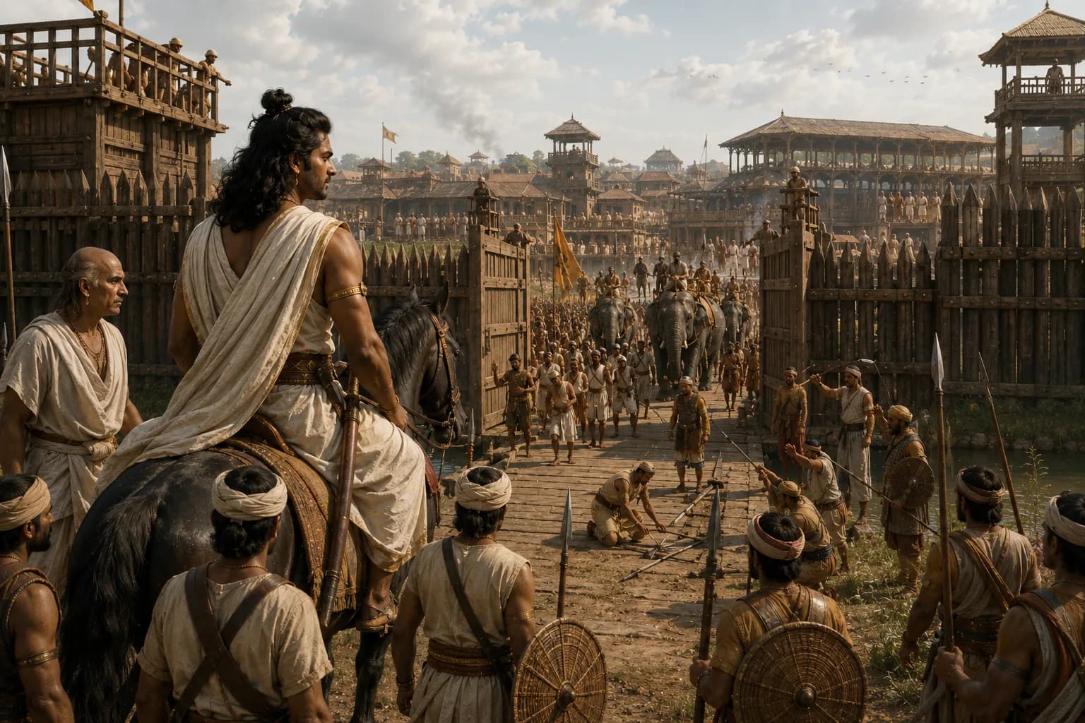 Chandragupta Maurya rides through an opened fortress gate as troops and elephants enter the new imperial capital.