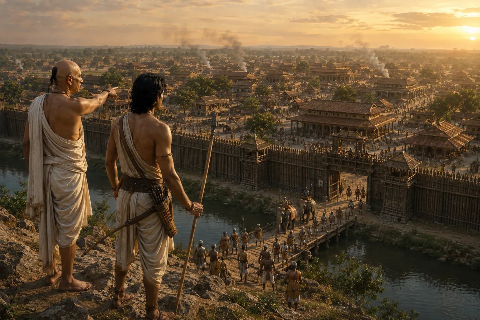 Chandragupta Maurya and Chanakya look over the Nanda capital from a hillside as soldiers move toward the city.