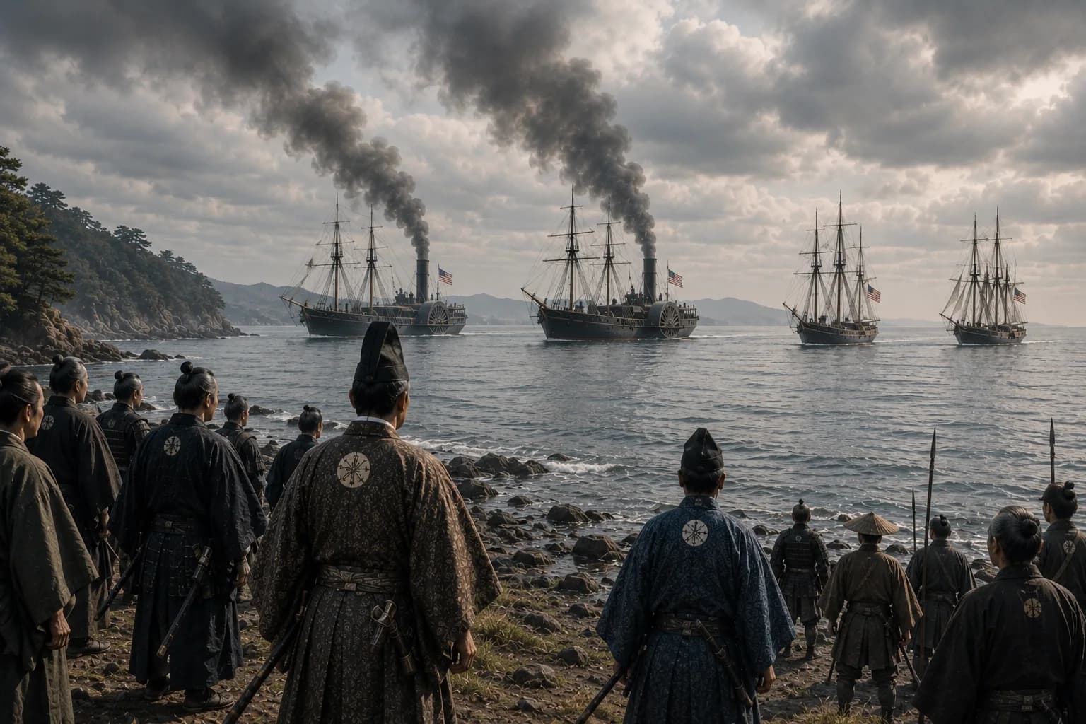 Japanese officials and samurai watching American black ships steam into Japanese waters.
