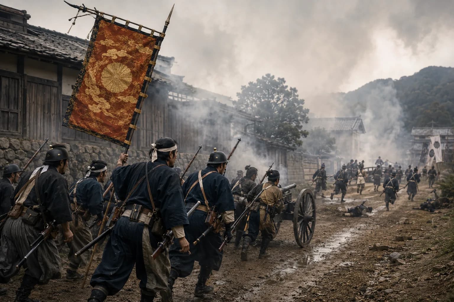 Imperial loyalist troops advancing through smoke during the Boshin War under an emperor's banner.