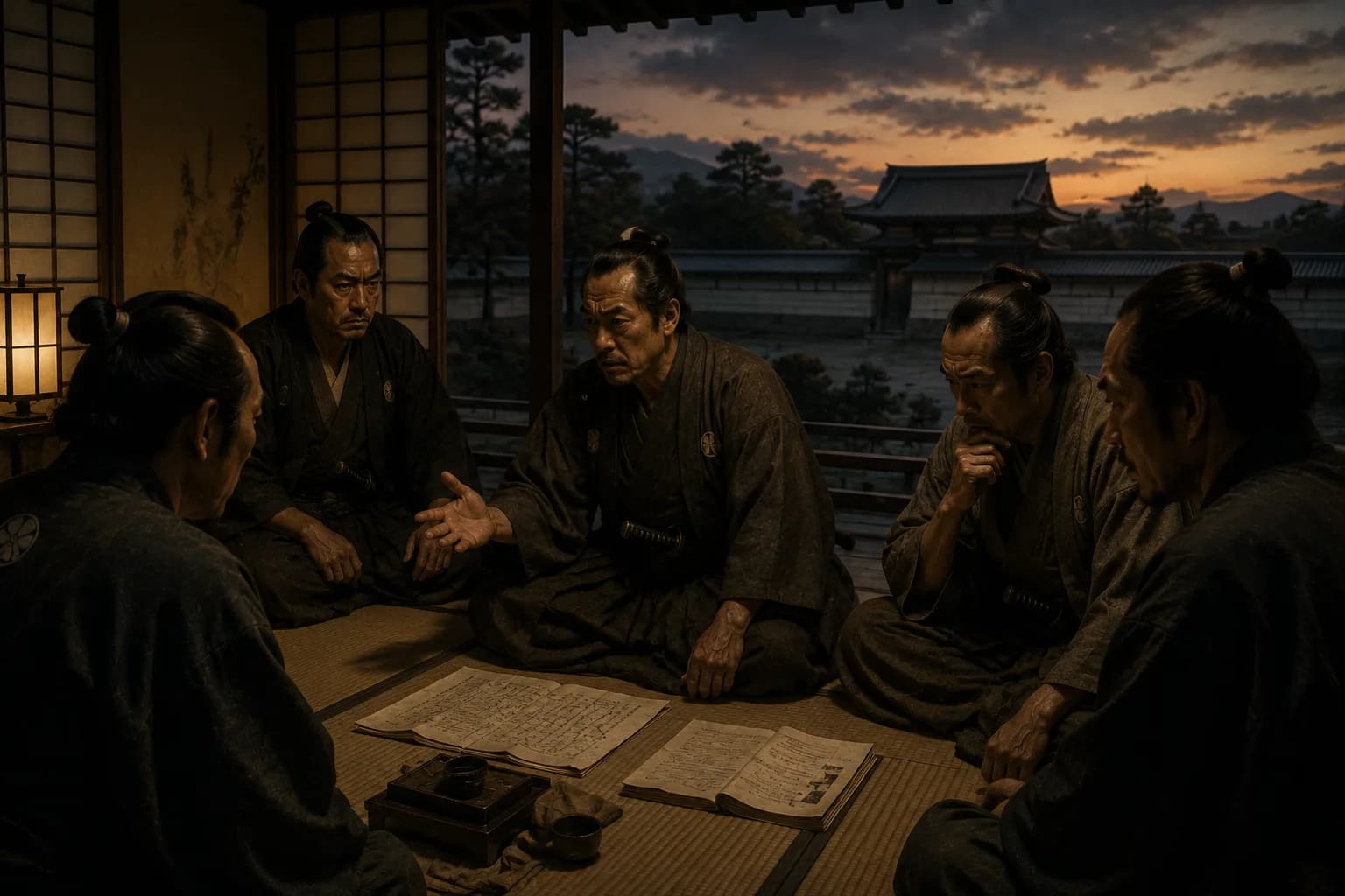 Tokugawa-era samurai leaders debating treaty documents in a dim room as political authority weakens.