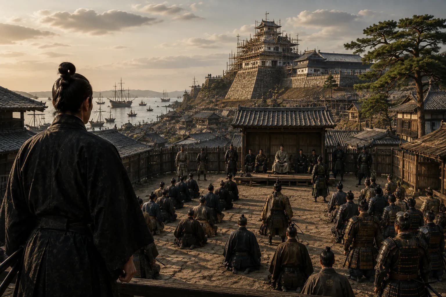 Samurai and retainers kneeling before Tokugawa authority near a fortified Japanese castle and harbour.
