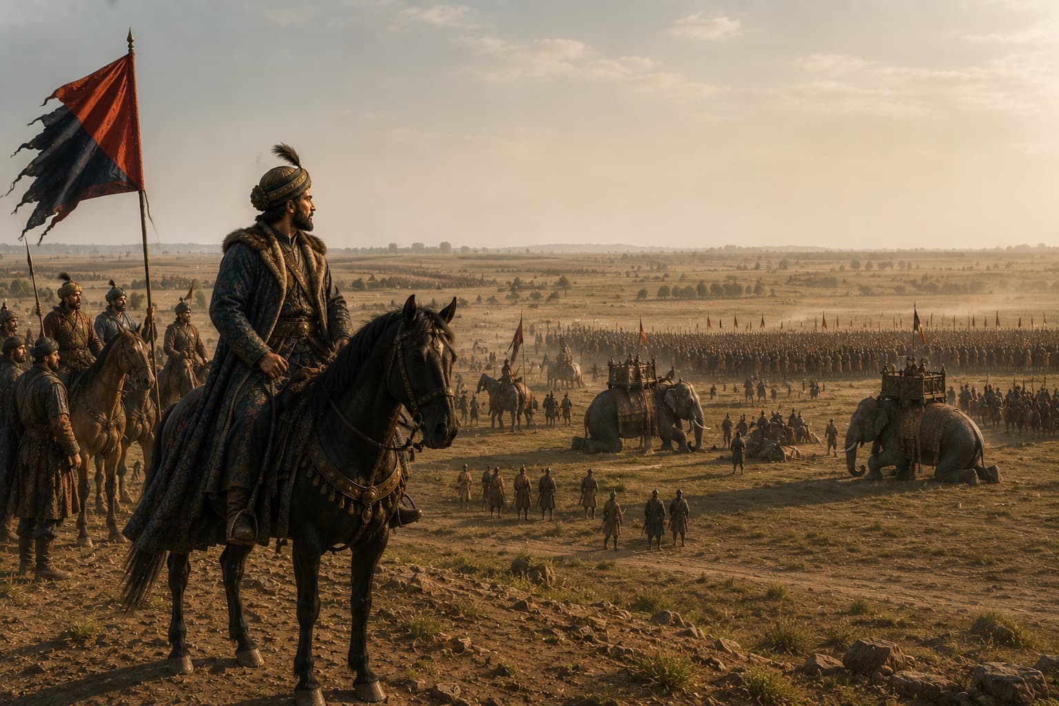 Babur surveys the battlefield at Panipat as Mughal cavalry, artillery and war elephants gather across northern India.