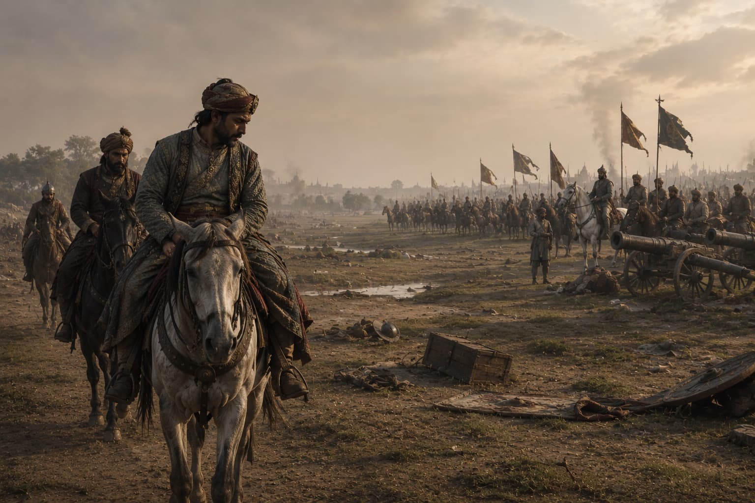 Humayun rides away from a defeated battlefield after losing Mughal power to Sher Shah Suri.