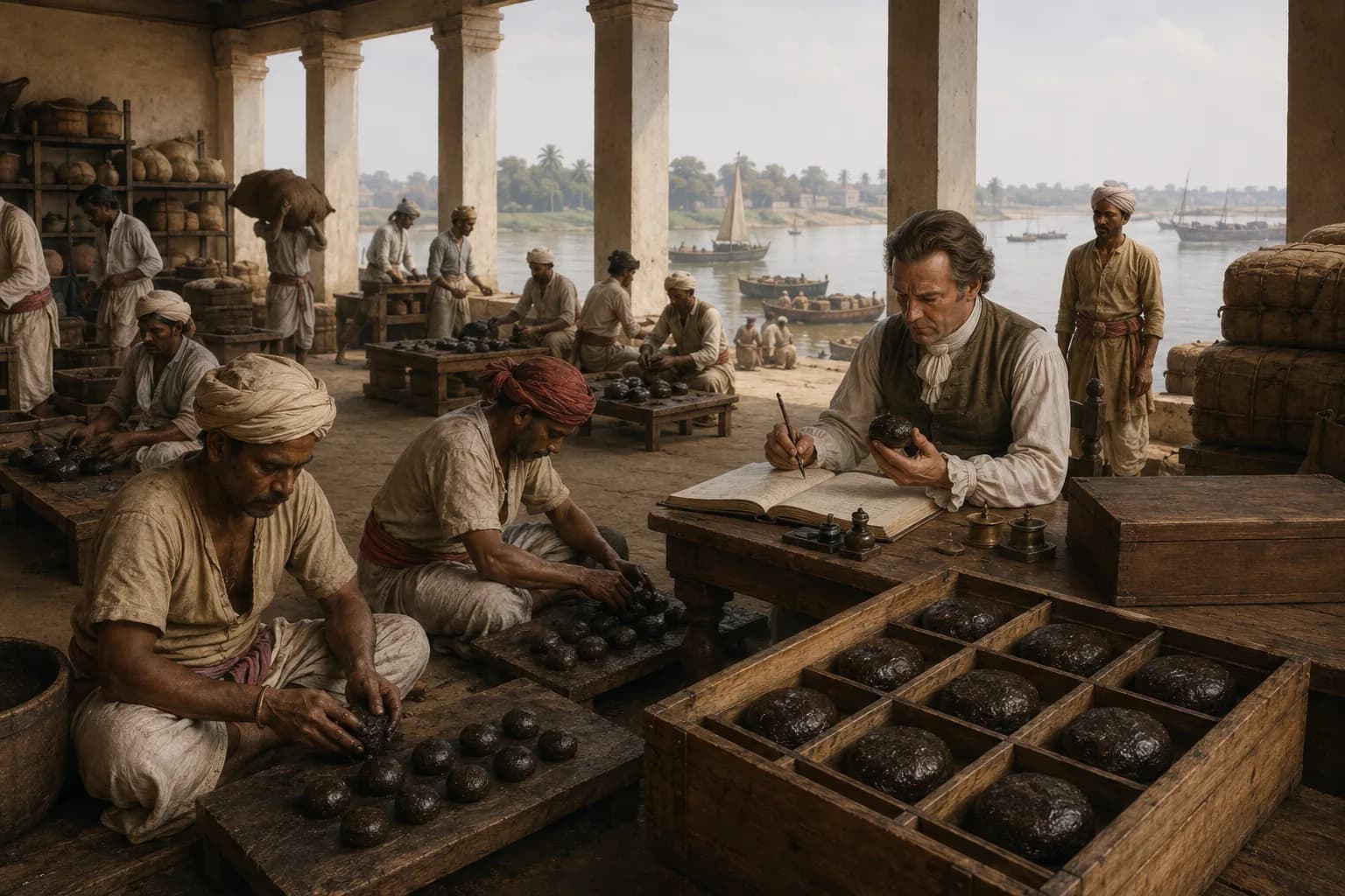 Workers prepare opium in British-controlled India while a European merchant records shipments near a river port.