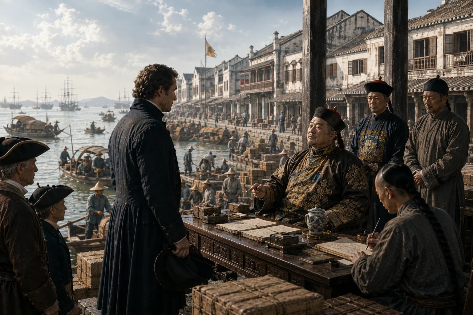 Qing officials supervise British merchants at Canton as ships and cargo move through the restricted trading port.