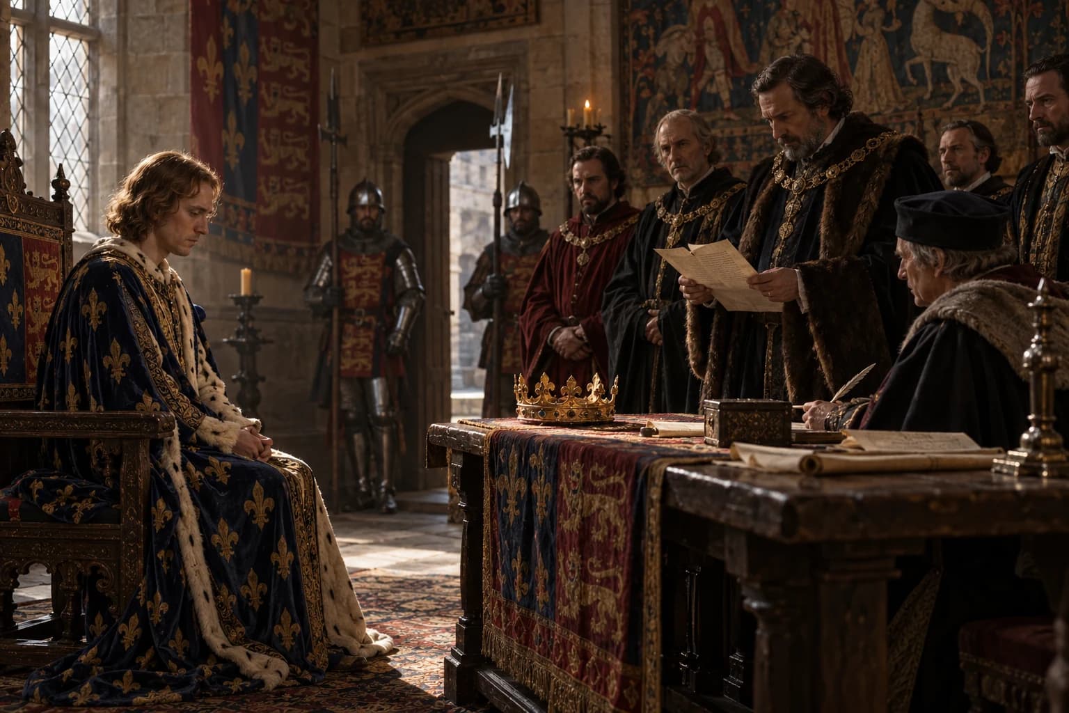 Illustrative reconstruction: Richard II seated without his crown as councillors and a clerk confront him during an interpretive scene of his deposition in 1399.