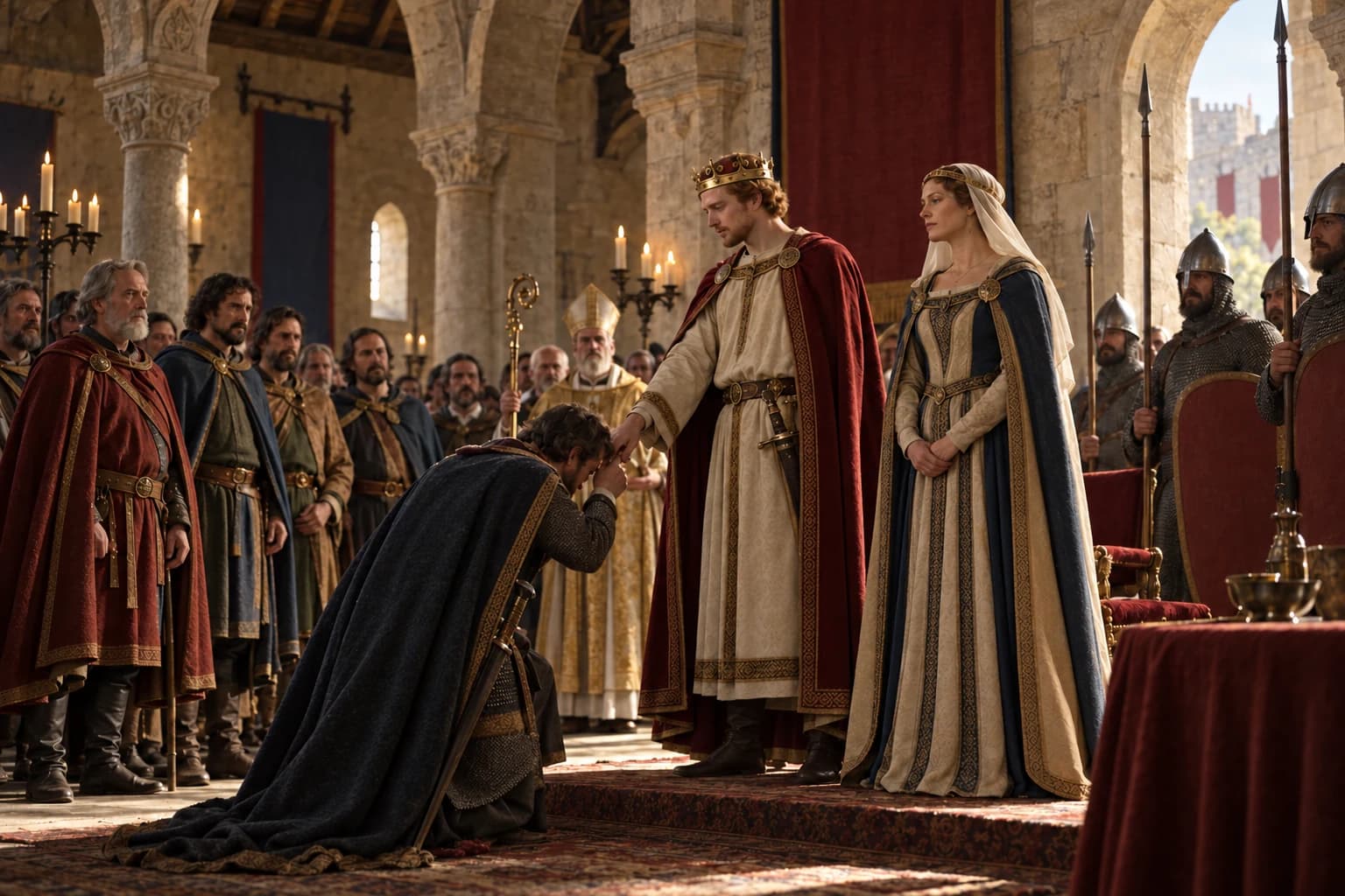 Illustrative reconstruction: Henry II and Eleanor of Aquitaine receiving nobles in a Norman royal hall after Henry’s accession in 1154.