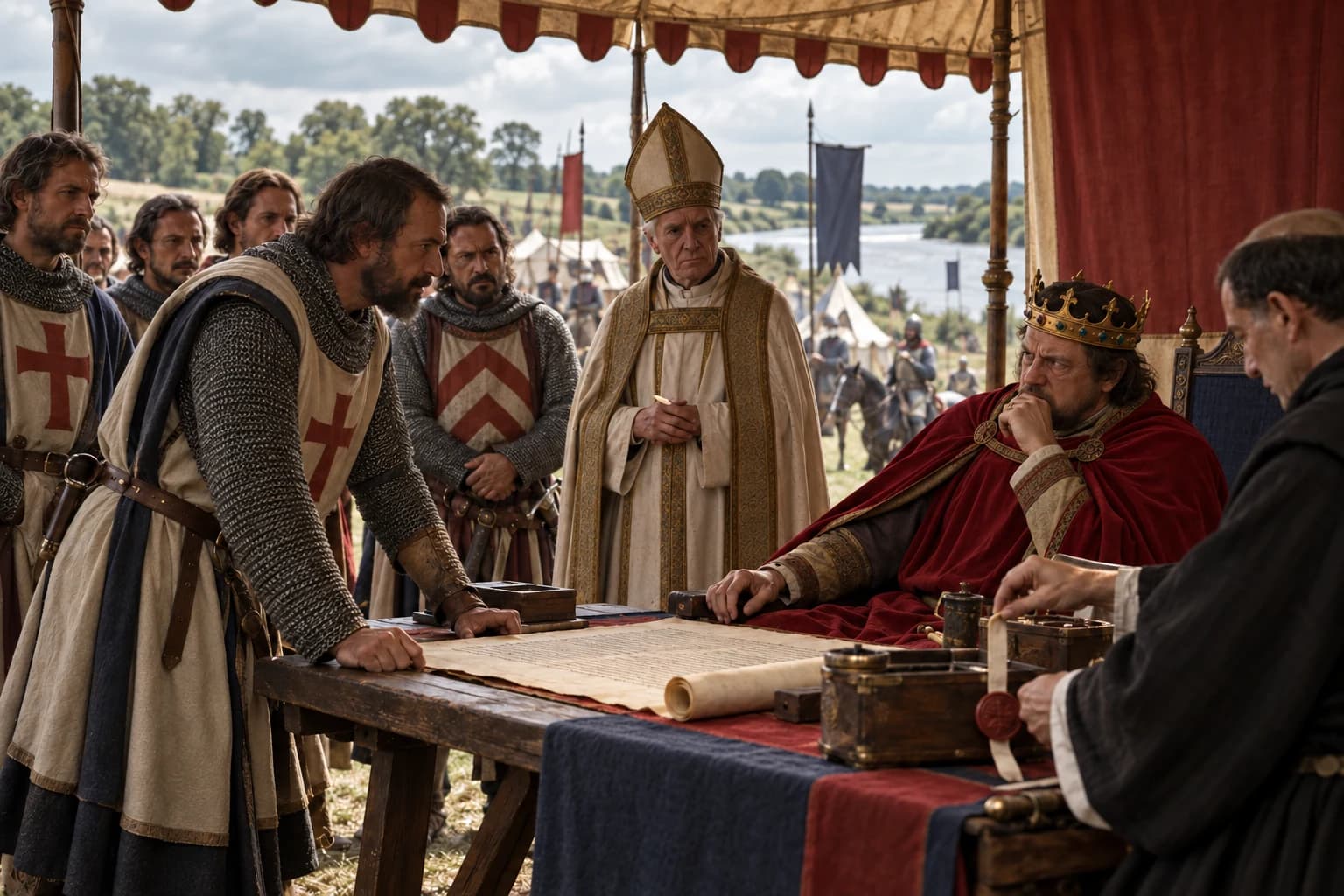 Illustrative reconstruction: King John and barons at Runnymede while a clerk prepares a wax seal for a parchment charter.