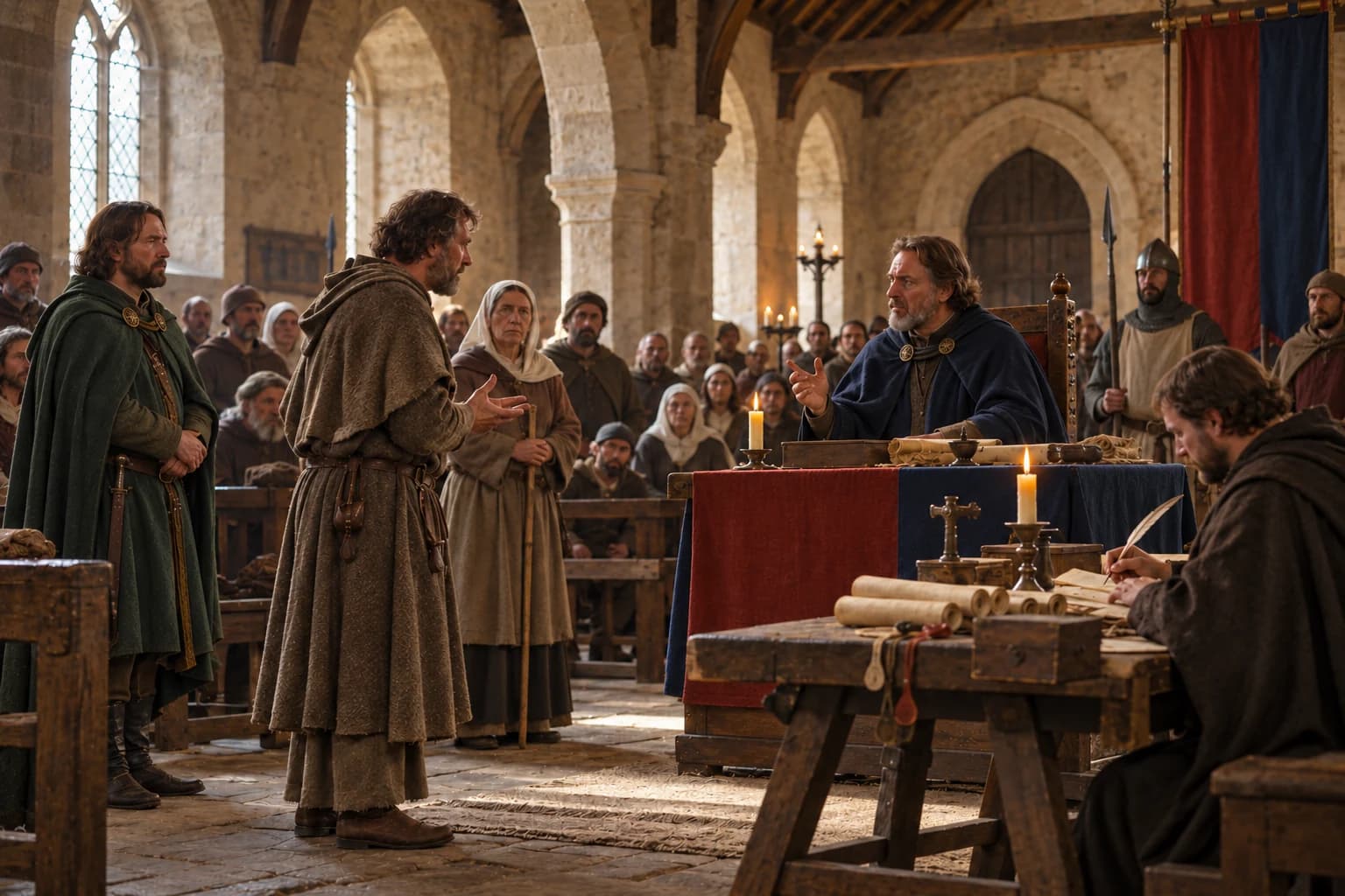 Illustrative reconstruction: Royal judges, a clerk and local witnesses hearing a case in a twelfth-century shire hall.