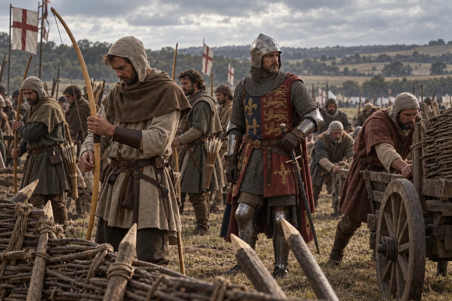 Illustrative reconstruction: English longbowmen and men-at-arms preparing a defensive position in northern France during the campaign of 1346.