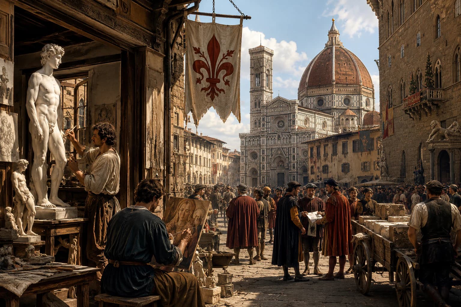 Artisans and patrons in fifteenth-century Florence preparing bronze and marble commissions in a busy civic workshop.