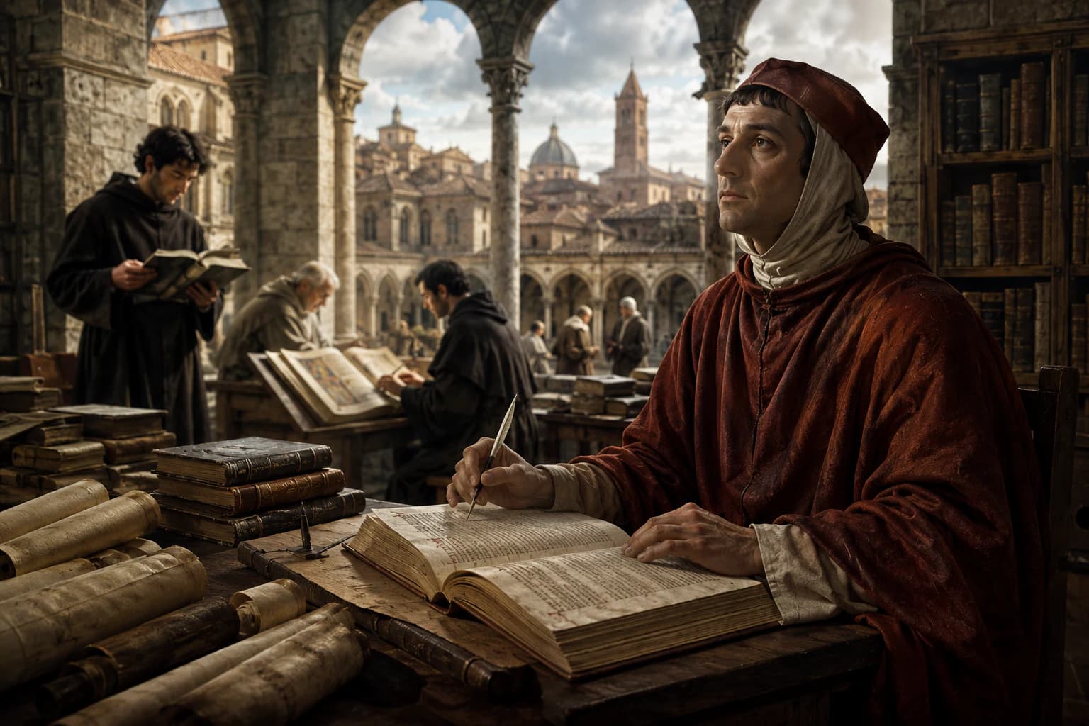 Monks and early scholars preserving and studying classical manuscripts in a medieval library.