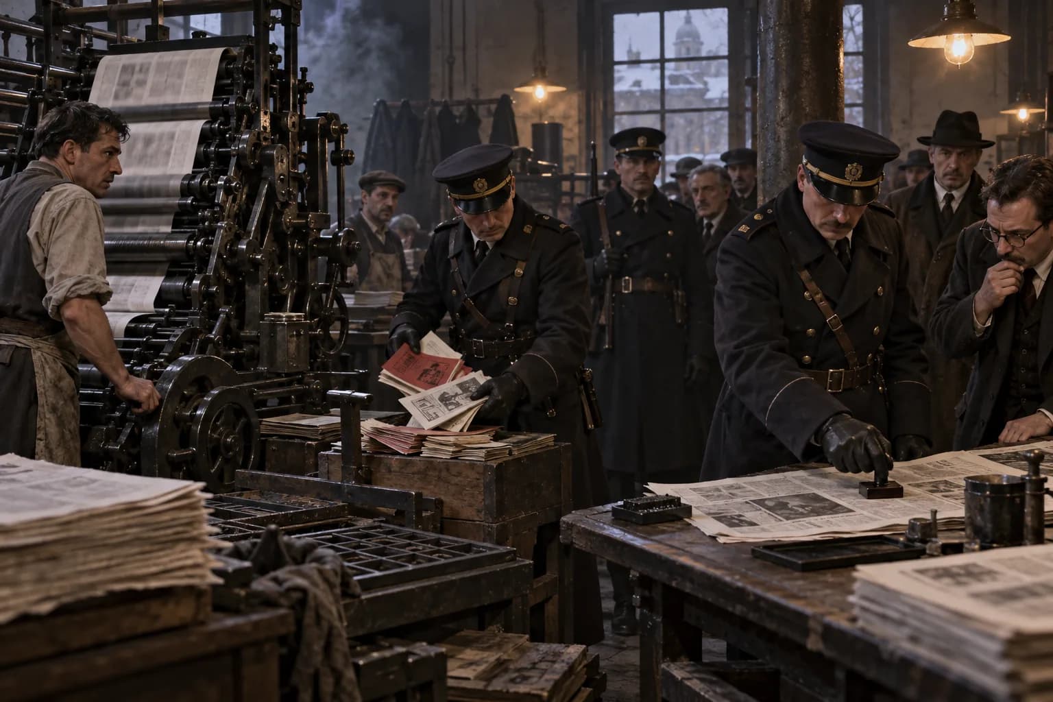 Police halt a Belgrade newspaper press run in 1929 as editors and printers watch censorship take hold under royal dictatorship.