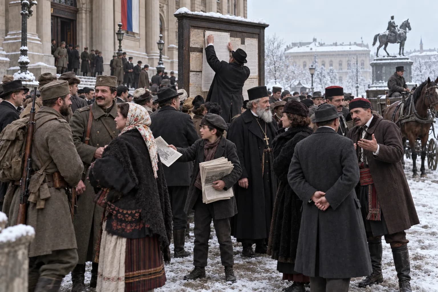 A winter crowd in Belgrade gathers around a posted proclamation and newspaper seller as the new South Slav kingdom is announced in 1918.
