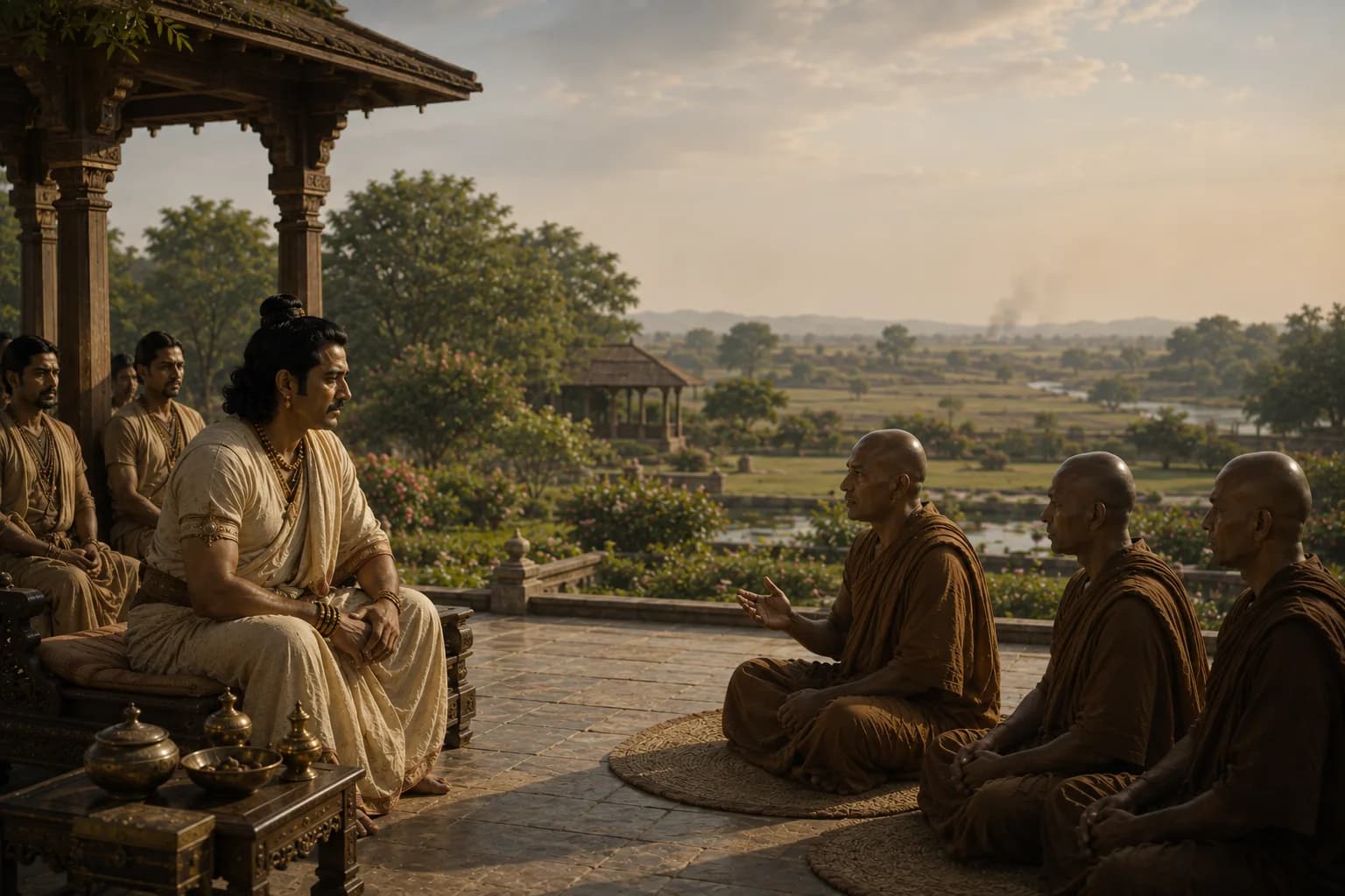 Ashoka seated with Buddhist monks in a palace garden after the suffering of Kalinga.