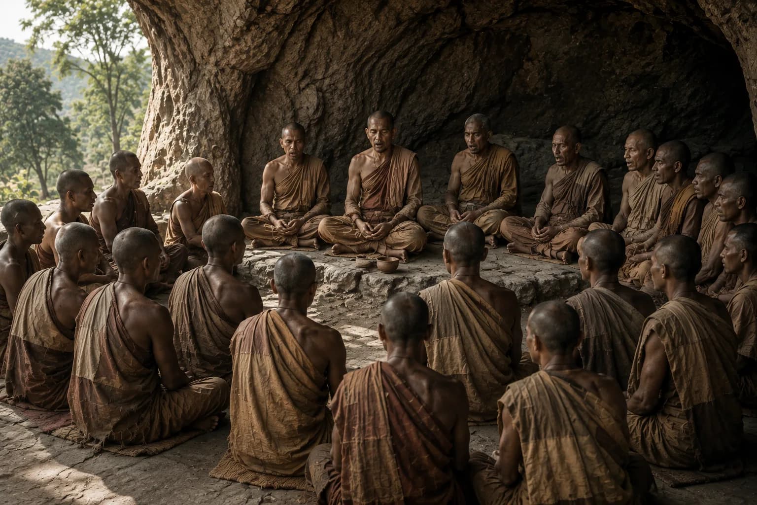 Buddhist monks seated in a cave reciting teachings after the death of the Buddha.