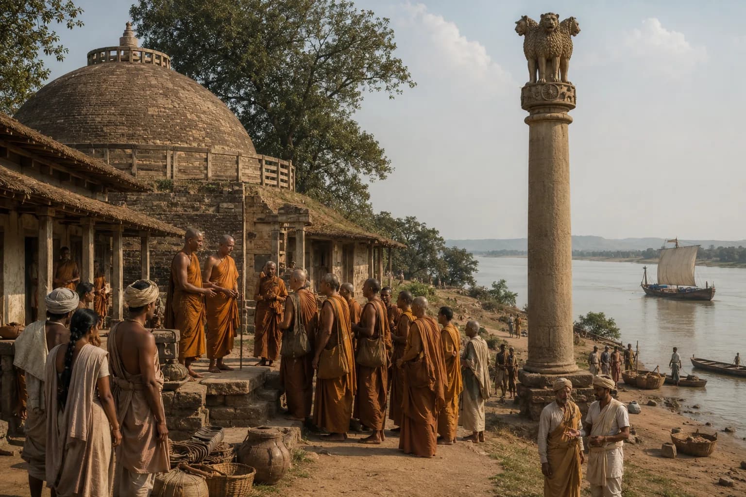Buddhist monks near a stupa and Ashokan pillar as boats travel along a river route.