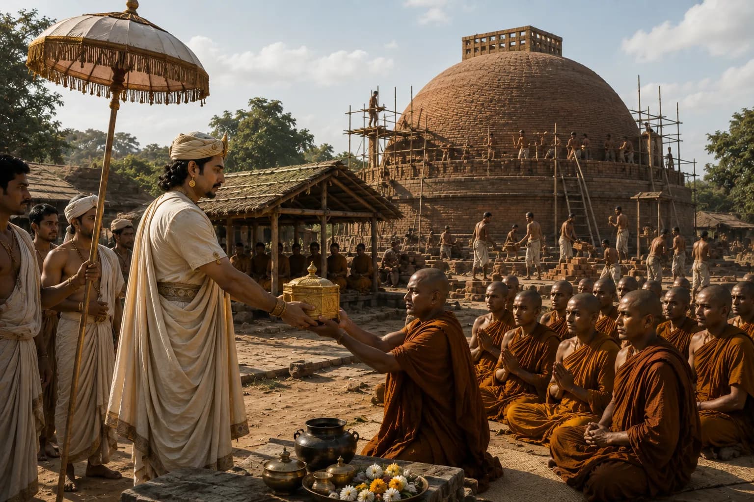 Ashoka offering a relic casket to Buddhist monks while workers build a great stupa.