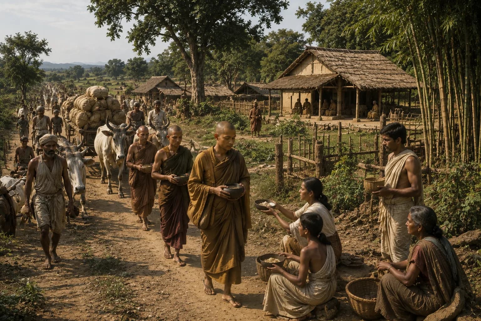 Buddhist monks receiving alms as merchants and villagers move along an Indian trade road.
