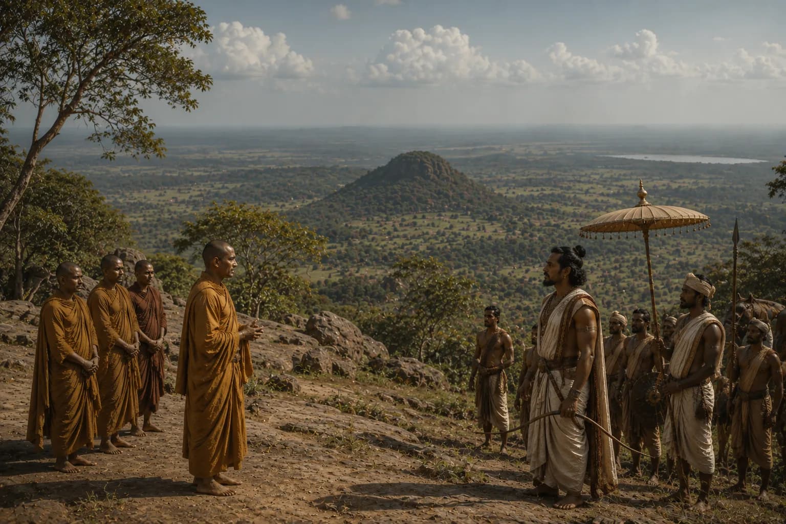Buddhist monks meeting a Sri Lankan ruler on a hilltop during missions beyond India.