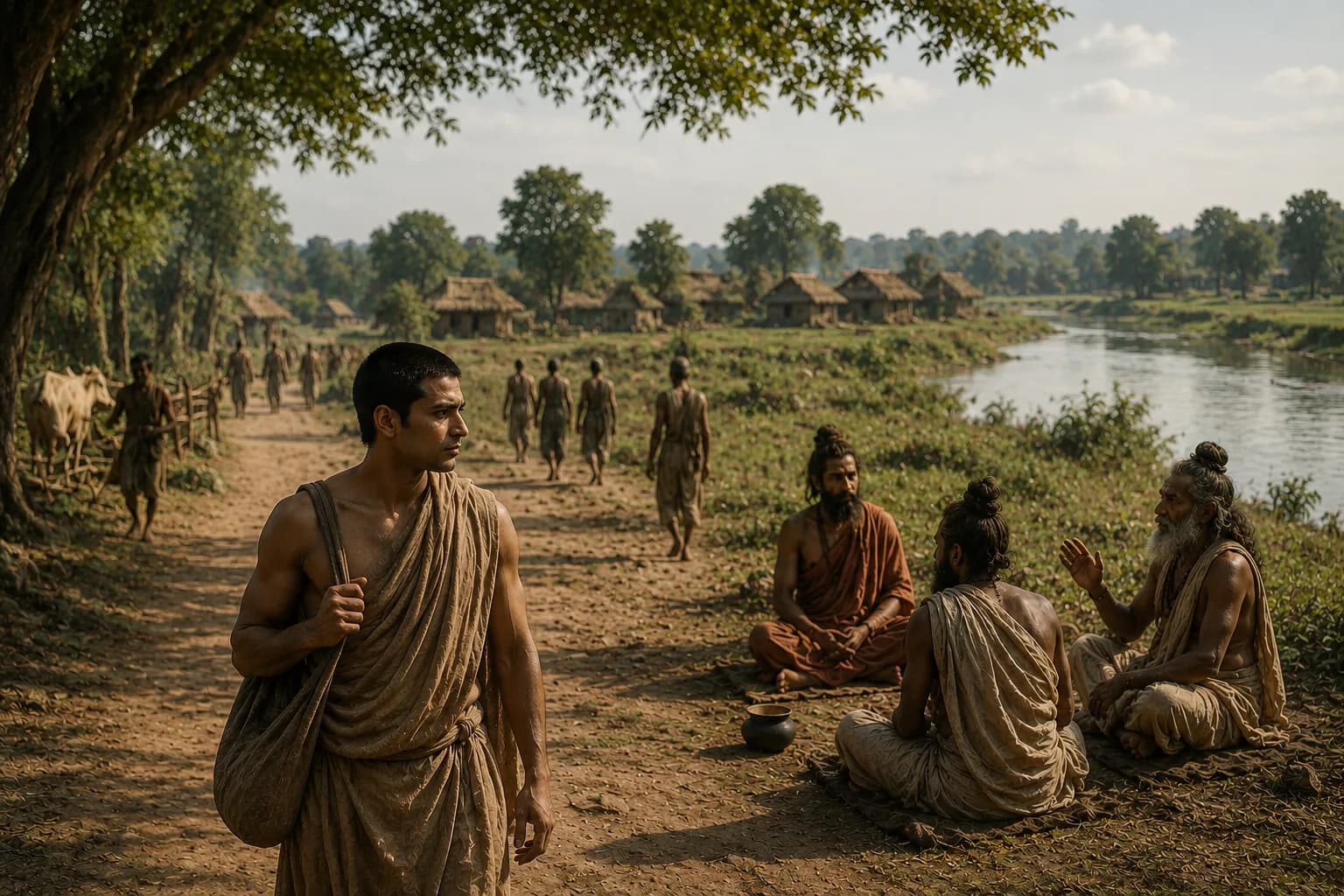 Siddhartha Gautama walking away from village life beside a river while ascetic teachers gather nearby.
