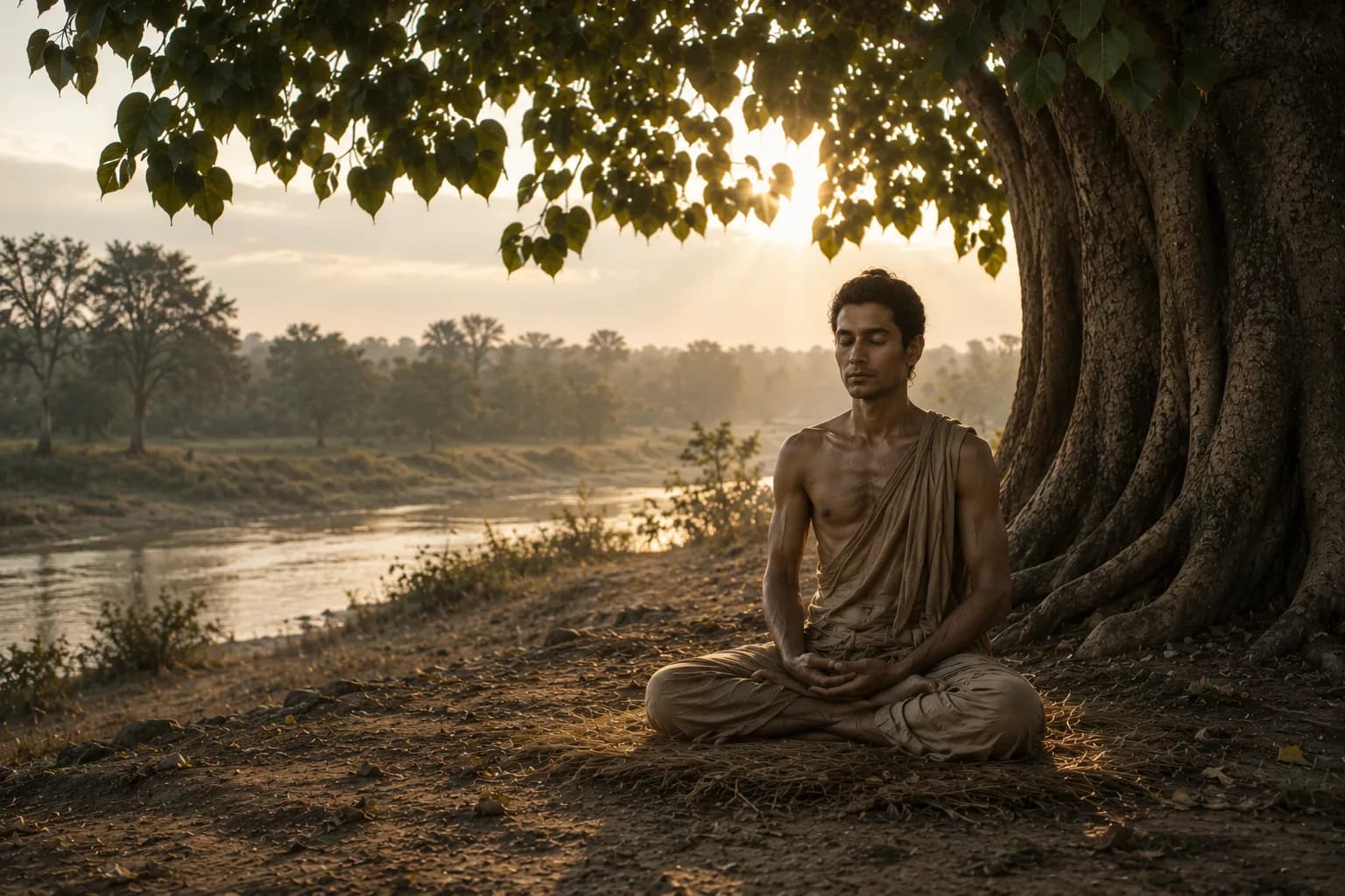 Siddhartha Gautama meditating beneath the Bodhi tree at sunrise beside a quiet river.