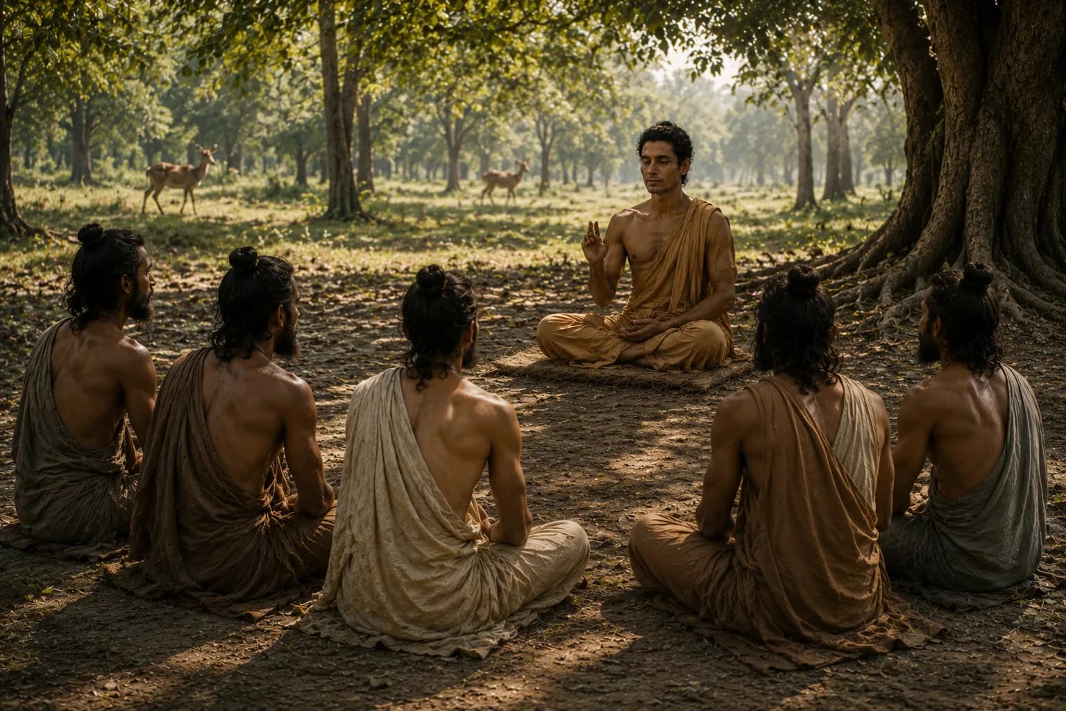 The Buddha teaching his first followers in a wooded deer park at Sarnath.