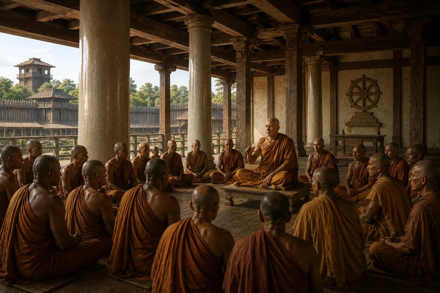 Buddhist monks gathered in council at Pataliputra beneath wooden pillars and a dharma wheel.