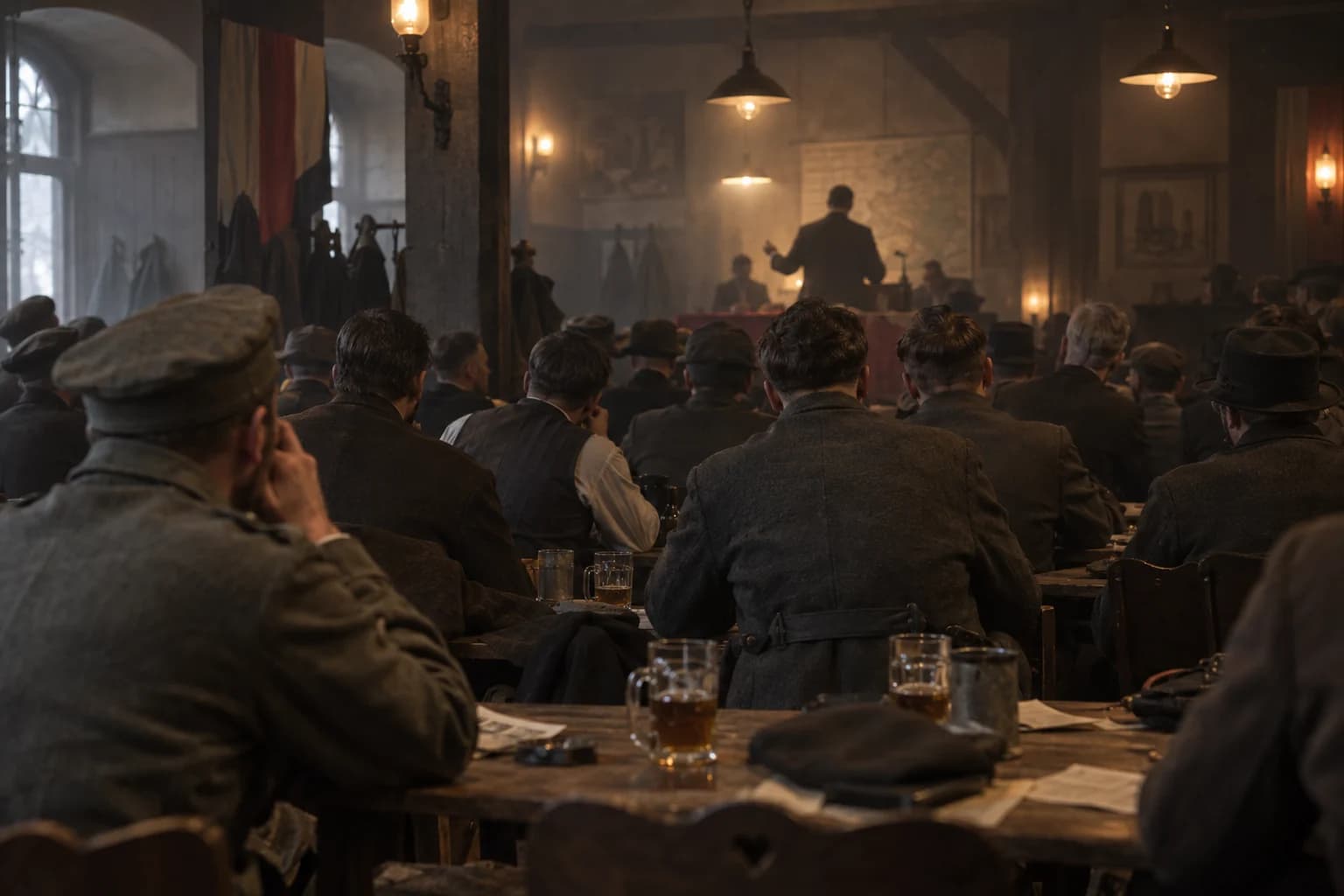 A smoky Munich beer hall meeting in 1919, with an anonymous speaker seen from behind and workers listening at wooden tables.