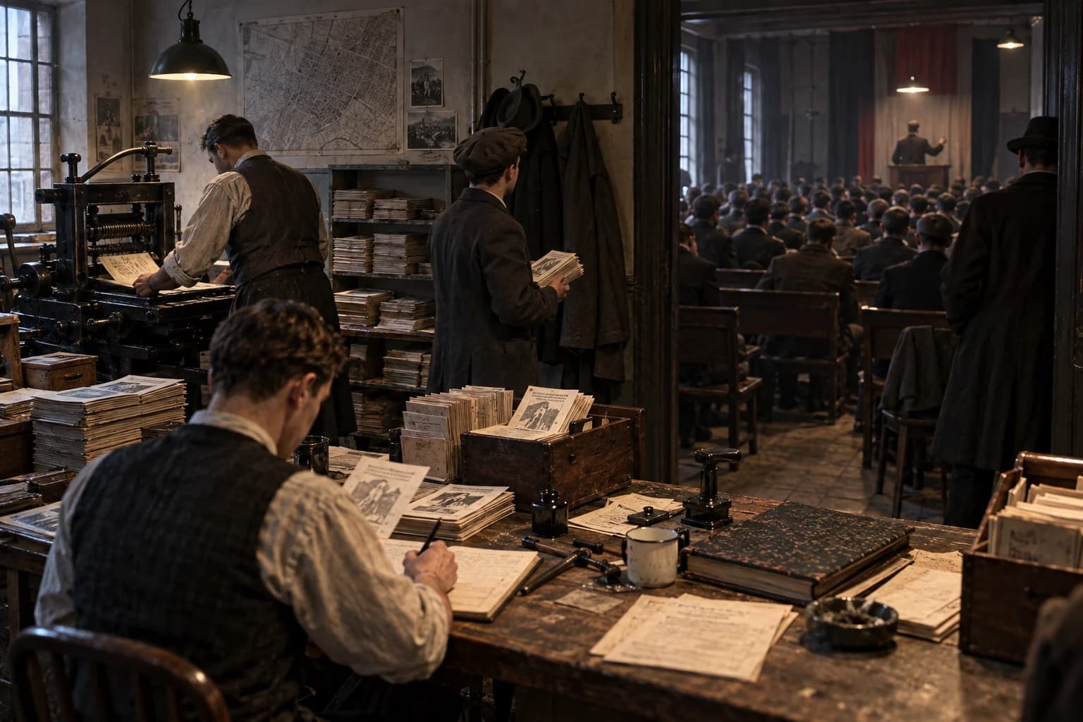 Weimar-era organizers prepare pamphlets and meeting materials beside a printing press, with an anonymous crowd in the next room.