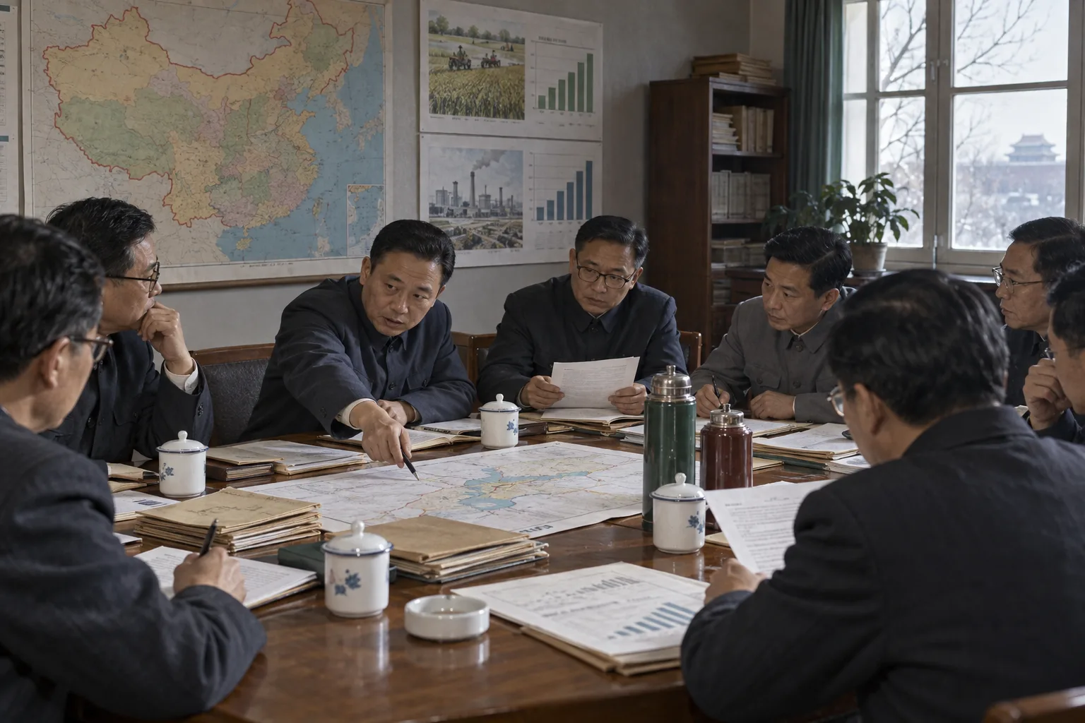 Chinese officials in a late-1970s meeting room review maps, policy papers, and agricultural and industrial charts during China's turn toward reform.