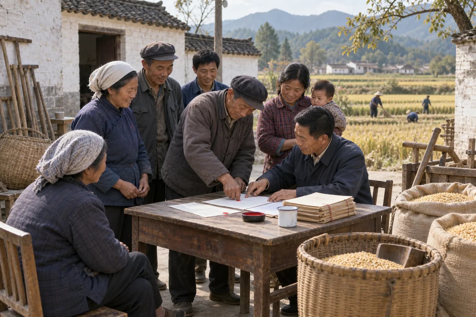 Farming families and a village cadre review land-use responsibility papers beside grain sacks in a rural Chinese courtyard around 1980.