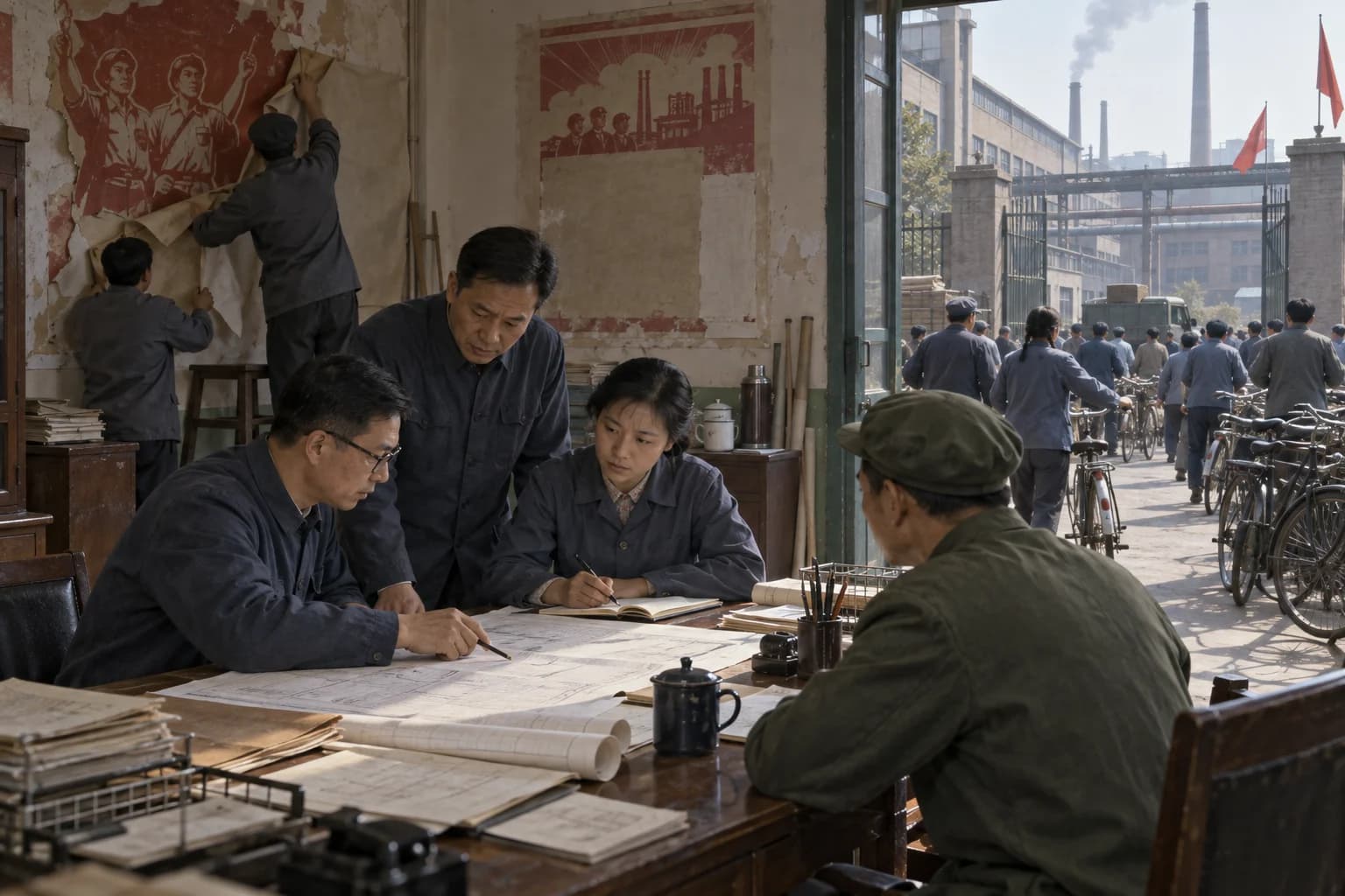 Factory planners and workers in late-1970s China review production plans while older campaign posters are covered over.