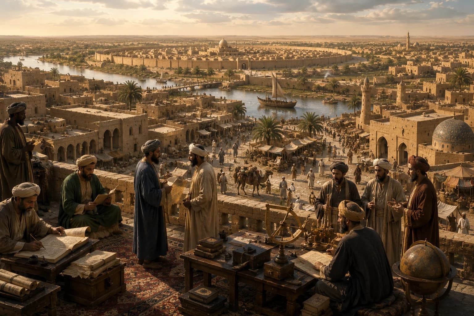 Scholars and officials overlooking a prosperous river city of the medieval Islamic world.