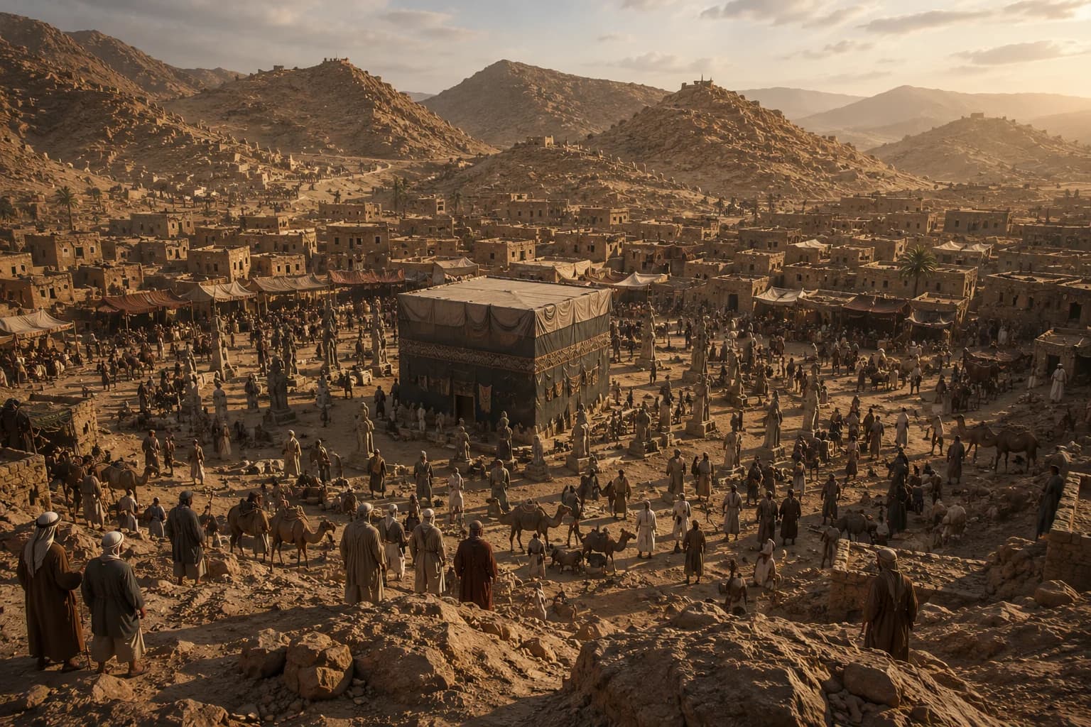A busy pre-Islamic Meccan sanctuary and market surrounded by rocky hills.