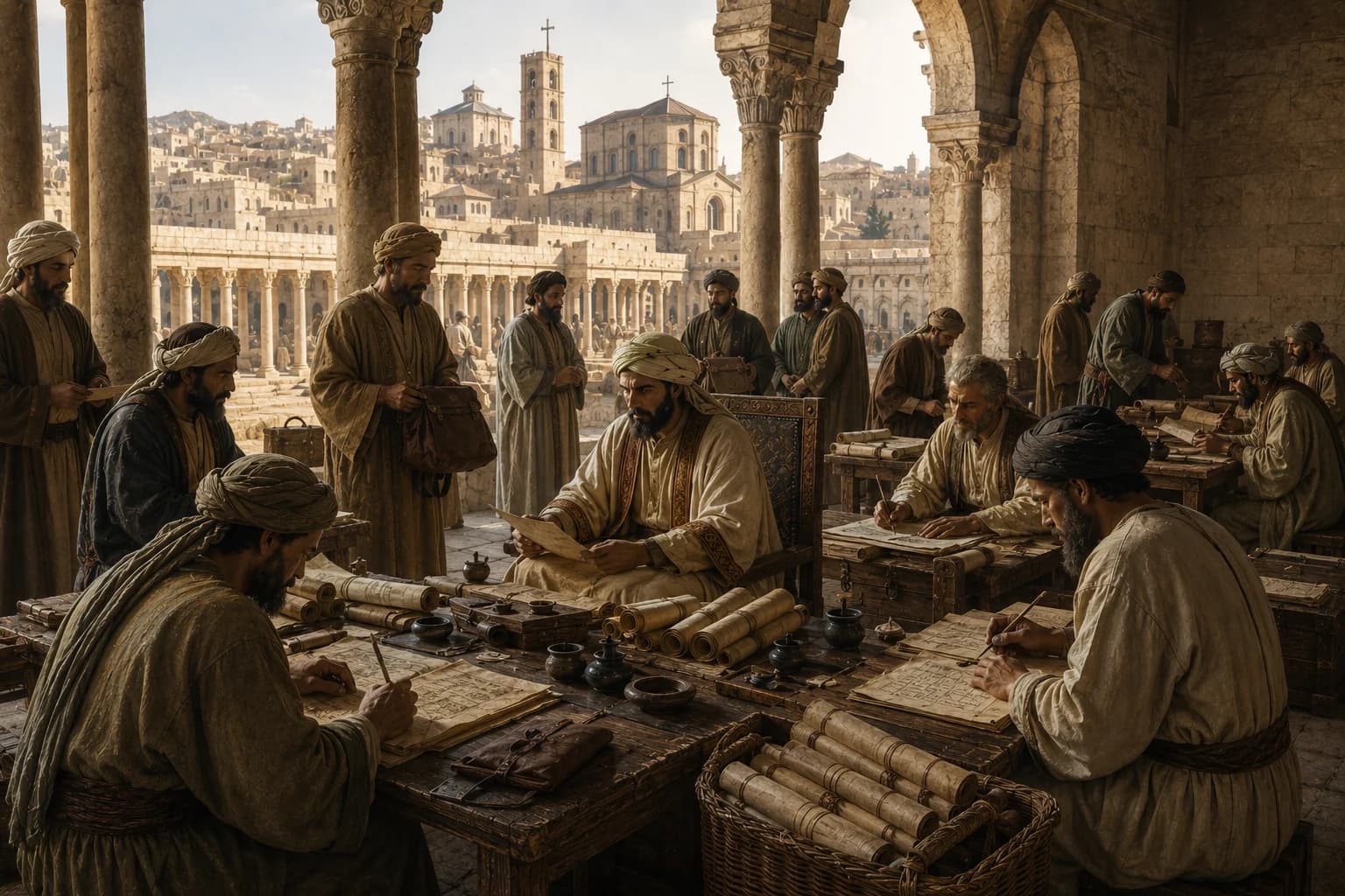 Administrators and scribes working with scrolls in an early Islamic imperial office.