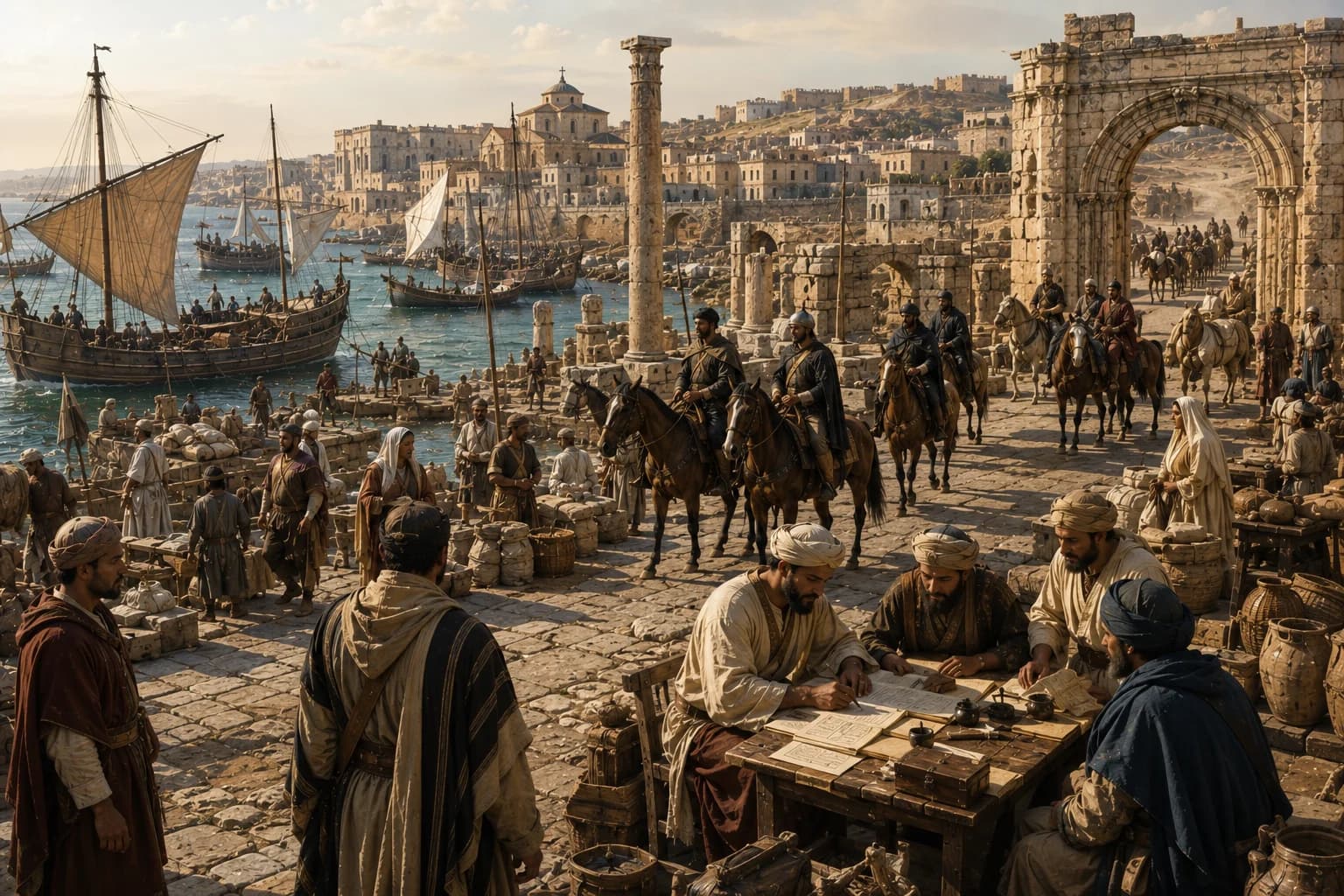 Merchants, officials and cavalry gathered at a Mediterranean port under Islamic rule.