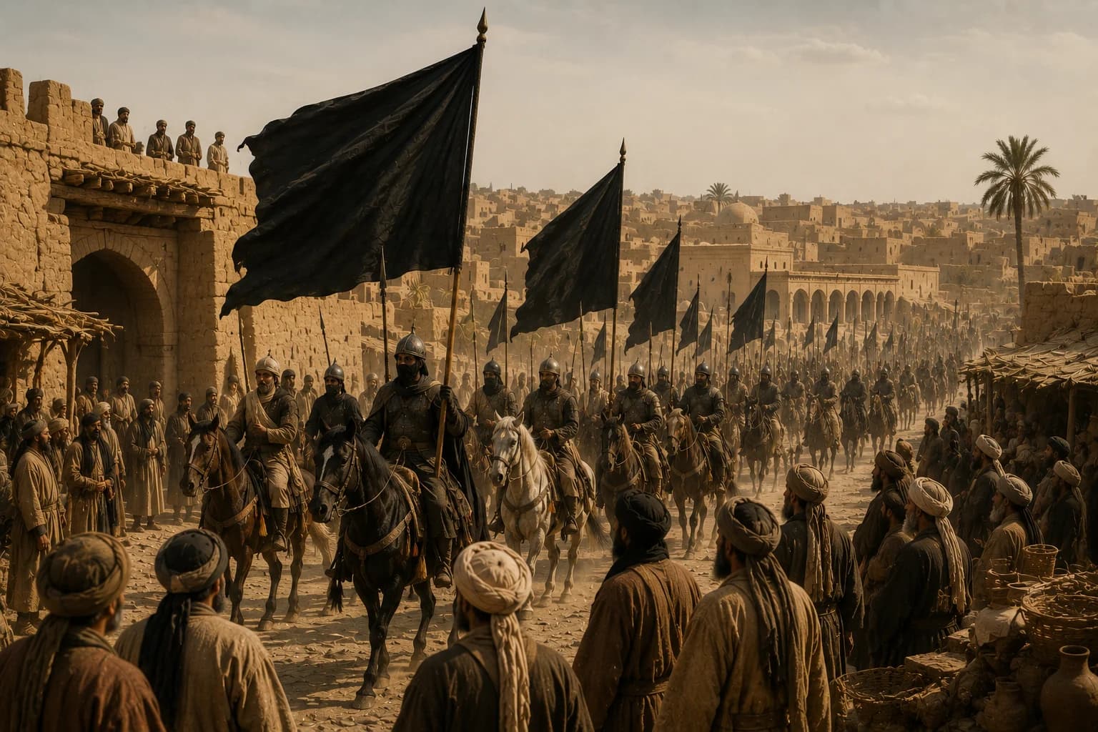 Abbasid cavalry carrying black banners through a crowded city street.