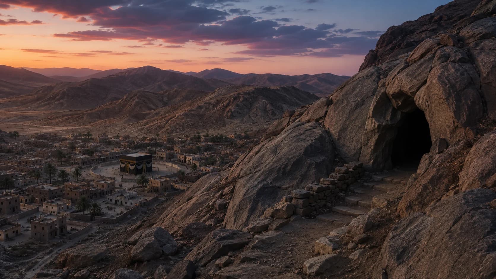 The Cave of Hira above Mecca at dusk, with the sanctuary city visible below.