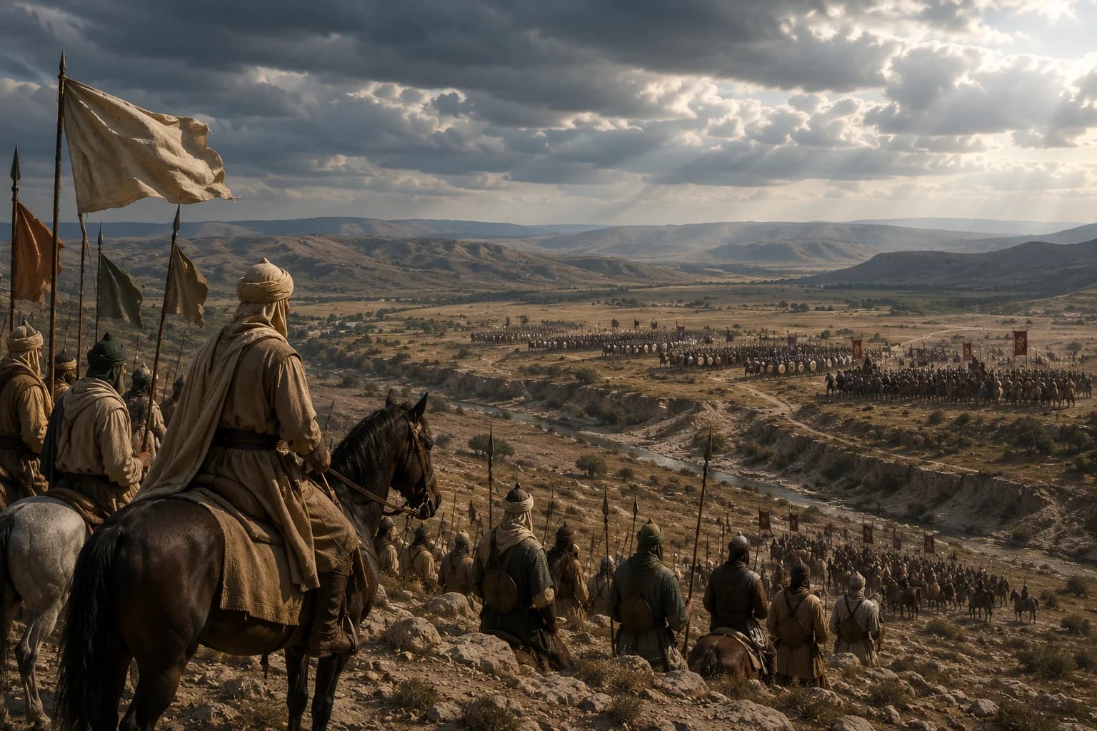 Early Muslim armies overlooking a broad battlefield beneath dramatic clouds.