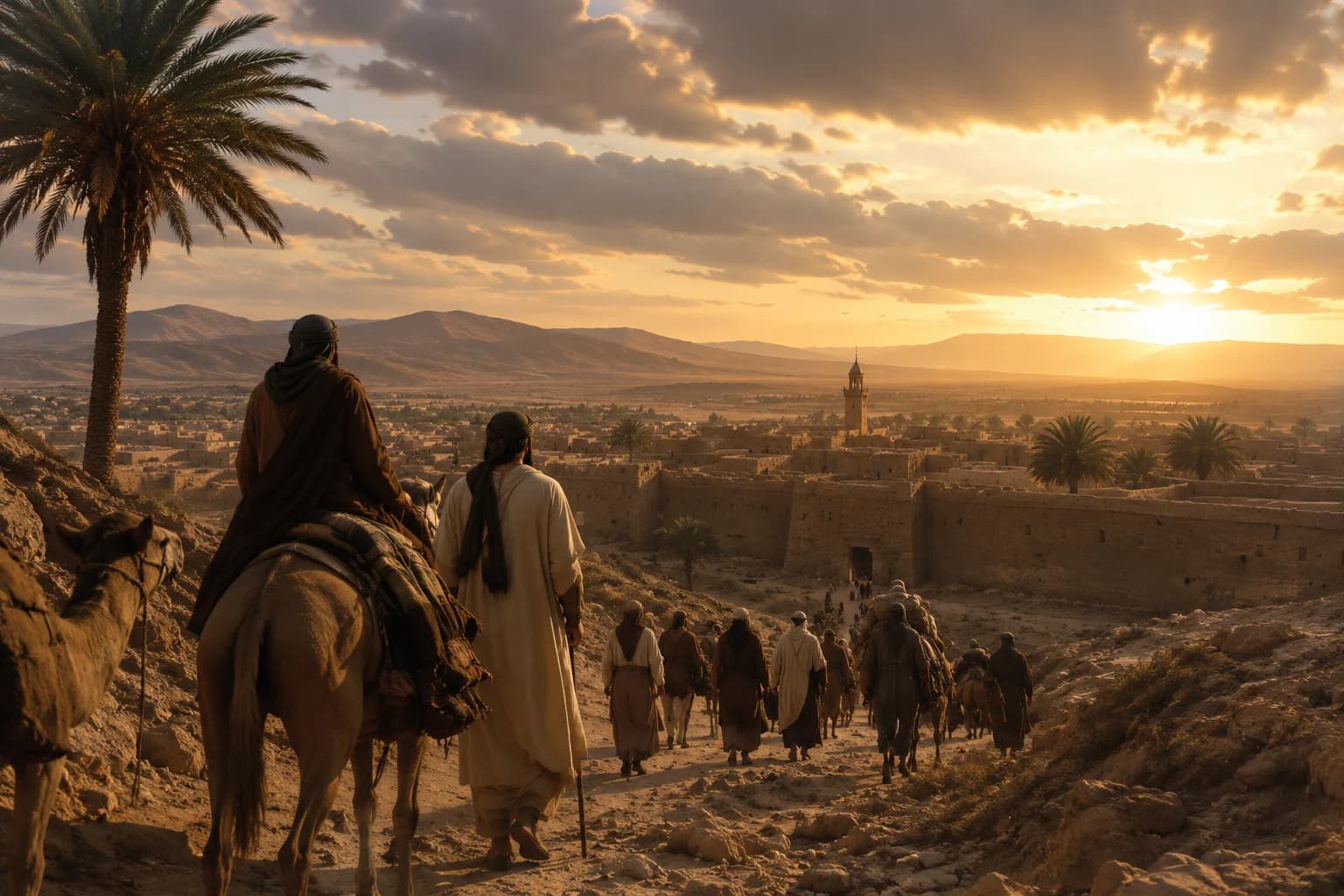 A group of migrants descending toward Medina at sunset during the Hijra.