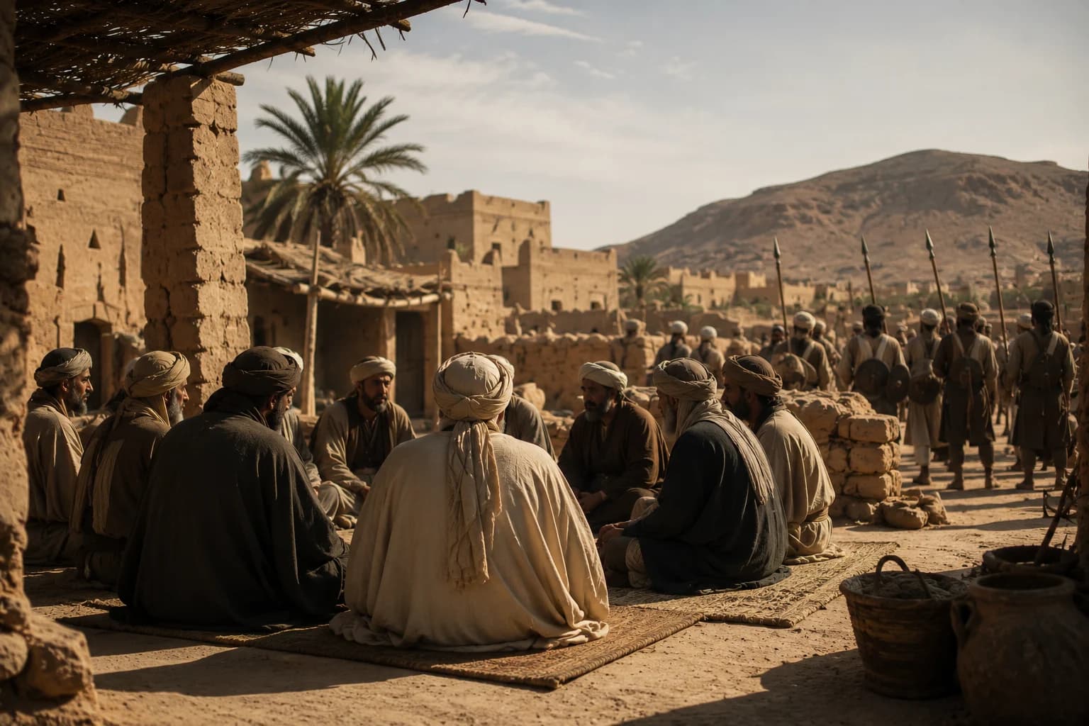 Early Muslim leaders meeting in a desert settlement as soldiers move beyond the walls.