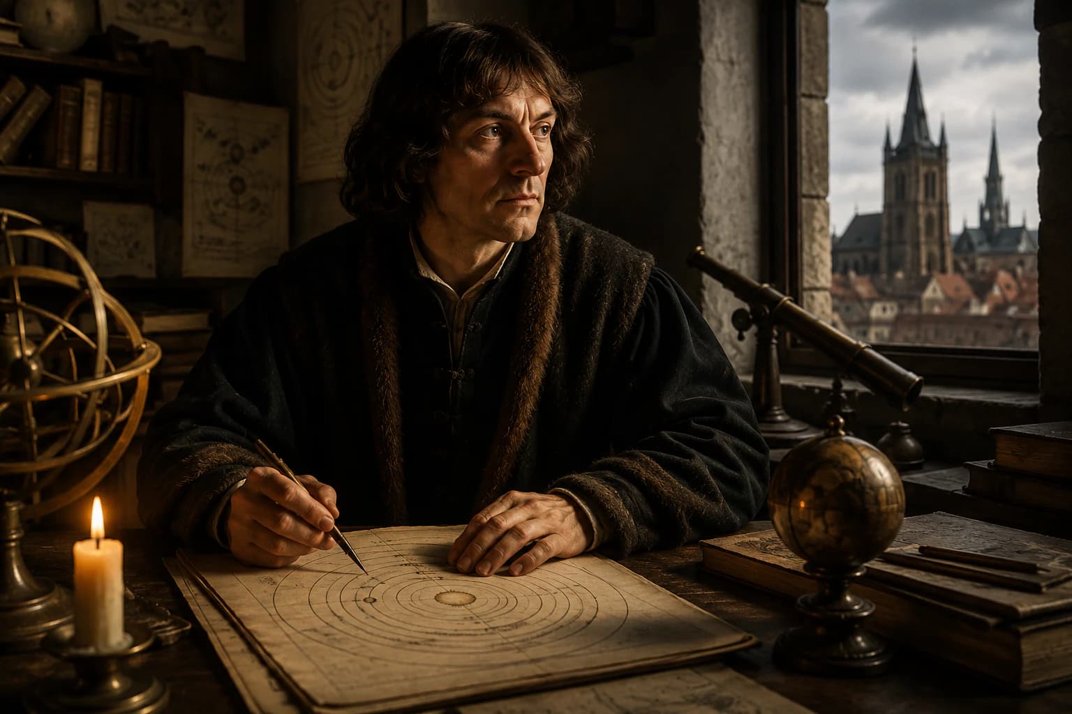 Nicolaus Copernicus at his desk in Frombork, surrounded by astronomical instruments and diagrams of a Sun-centred cosmos.