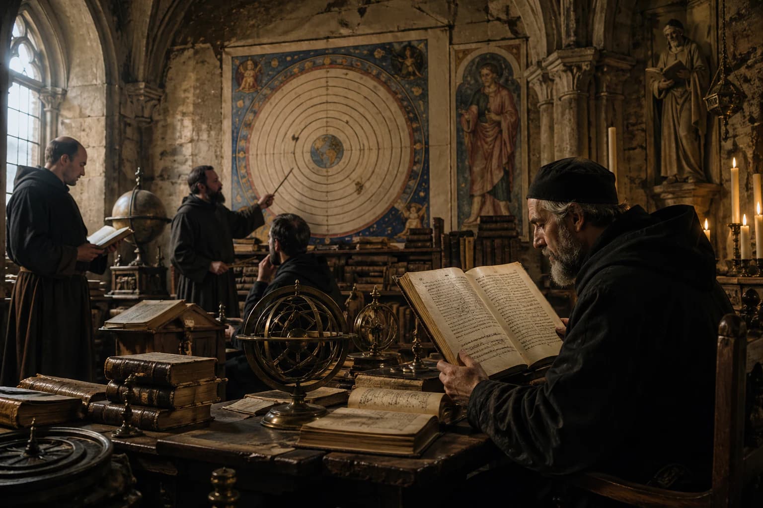 Medieval scholars studying Aristotelian texts and celestial diagrams in a candlelit scriptorium.