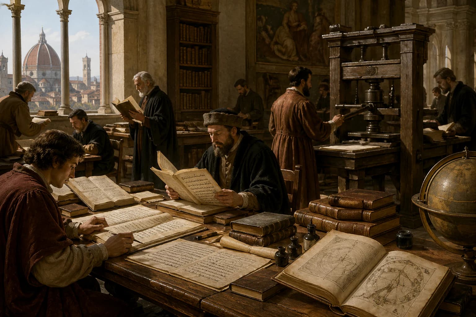 Renaissance scholars in Florence examining ancient Greek manuscripts alongside a printing press.