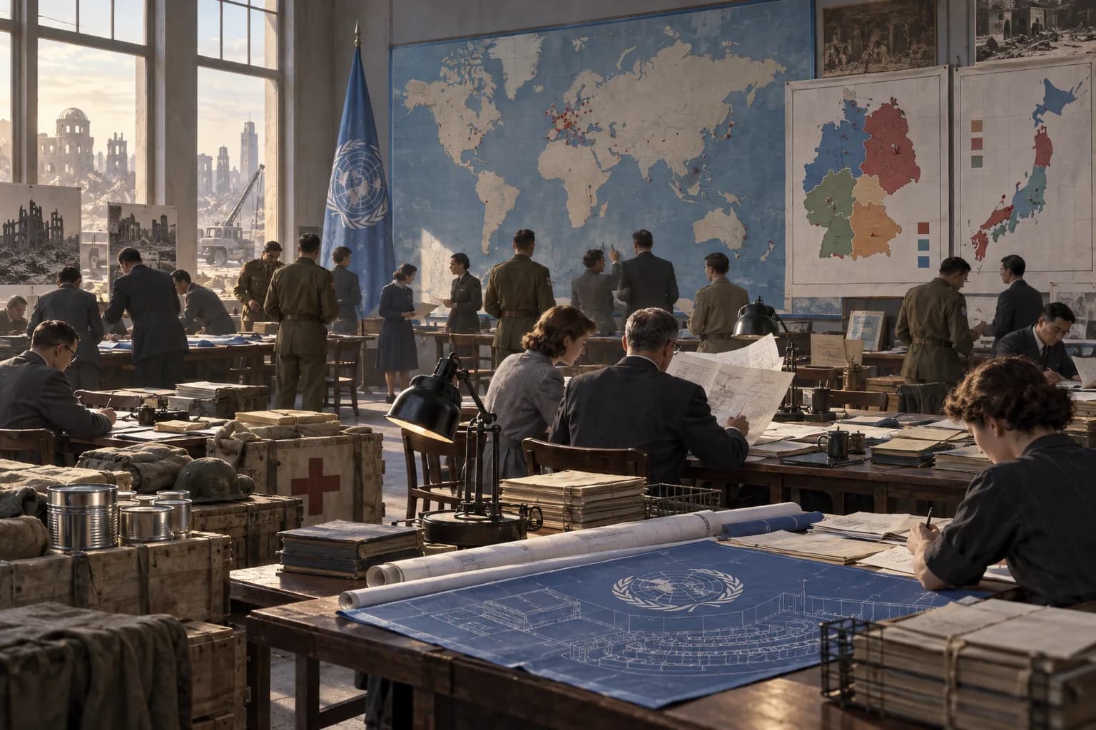 Postwar planners study world maps, occupation-zone charts, and United Nations-style blueprints in a reconstruction office.